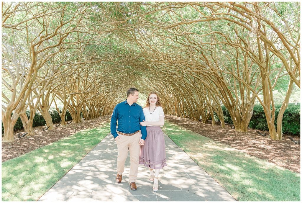 engaged couple at dallas arboretum in crepe myrtle allee