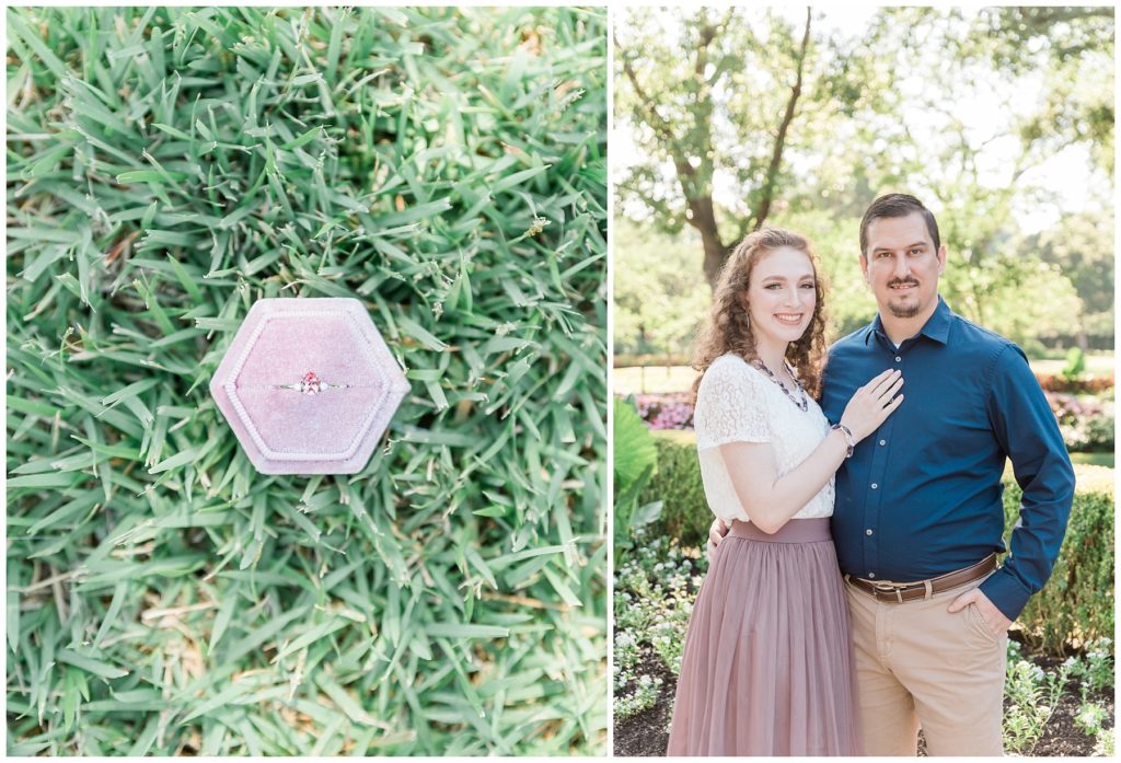 engaged couple at dallas arboretum in The Chandler Lindsley Shadow Garden with pear shaped blush pink sapphire three stone engagement ring