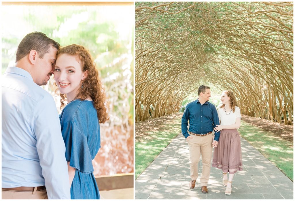 engaged couple at dallas arboretum in crepe myrtle allee and the Lay Family Garden