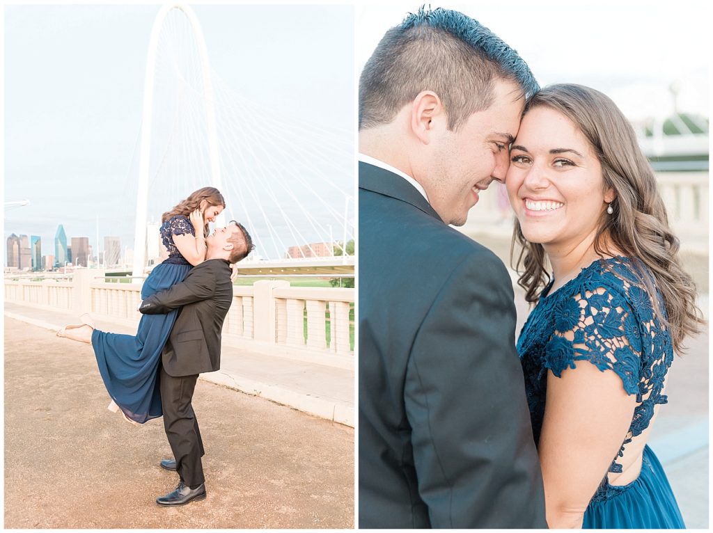 engaged couple lift kiss in front of margaret hunt hill bridge dallas texas