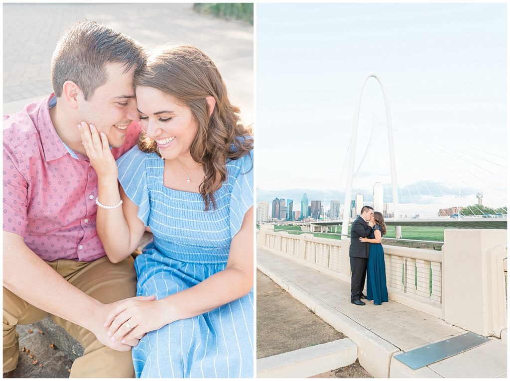 engaged couple kissing in front of margaret hunt hill bridge dallas texas skyline