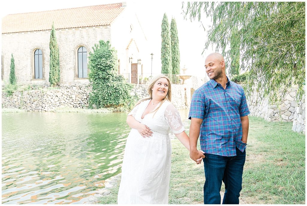 pregnant mom and dad at adriatica mckinney white dress romantic white stone church