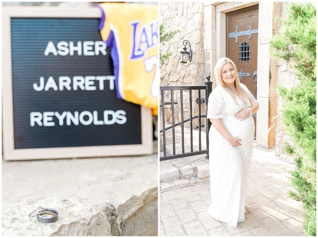 maternity session at adriatica mckinney white dress white stone brown door wedding rings jersey name board