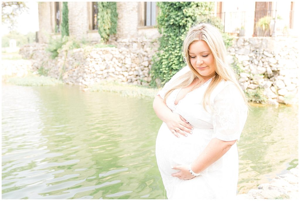 pregnant blonde woman at adriatica mckinney white dress