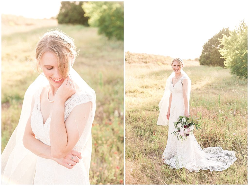 bridal session at arbor hills nature preserve in field golden hour glow lace gown