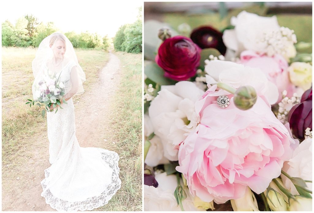 bride on path at nature preserve with cushion cut engagement ring on pink peony and wine rose bouquet