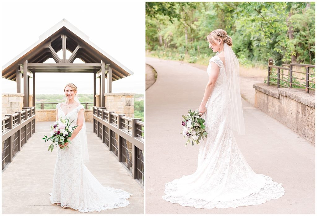 bride on path at arbor hills in lace gown with peony and rose bouquet