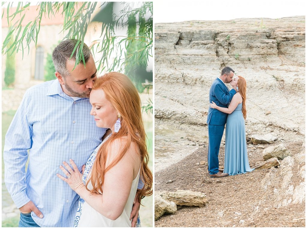 engaged couple kiss by cliff at rockledge park in grapevine texas blue dress adriatica mckinney