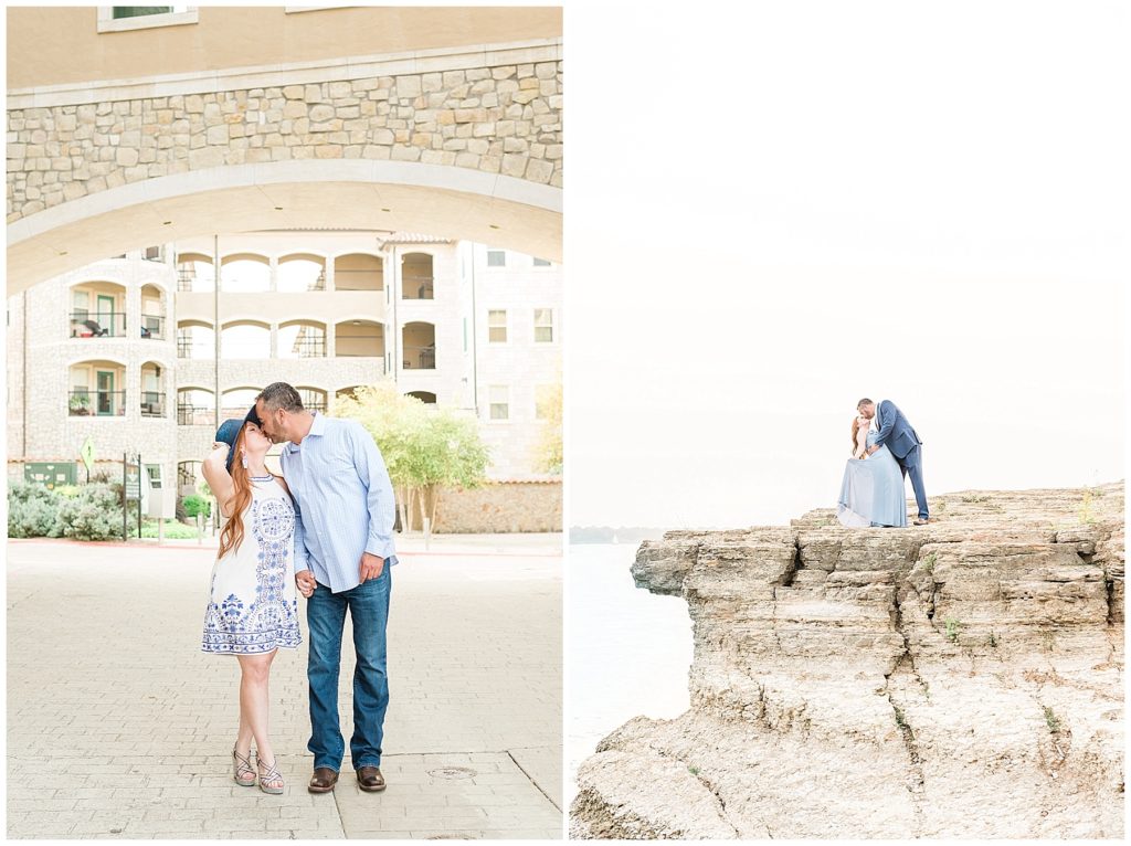 engaged couple dip kiss on cliff at rockledge park in grapevine texas blue dress