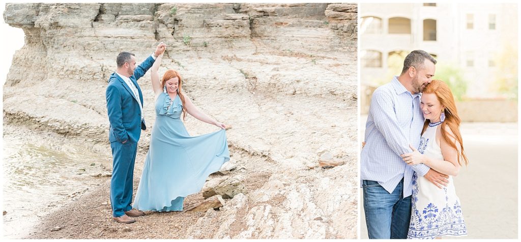 engaged couple twirling dancing by cliff at rockledge park in grapevine texas blue dress