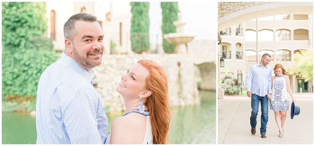 couple at adriatica village mckinney texas white dress french blue accents red hair bride