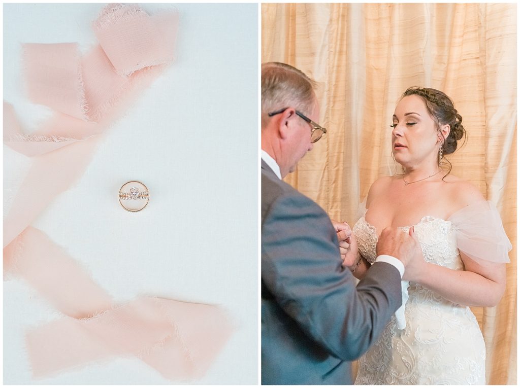 bride and father first look praying before wedding rose gold wedding band rose gold engagement ring