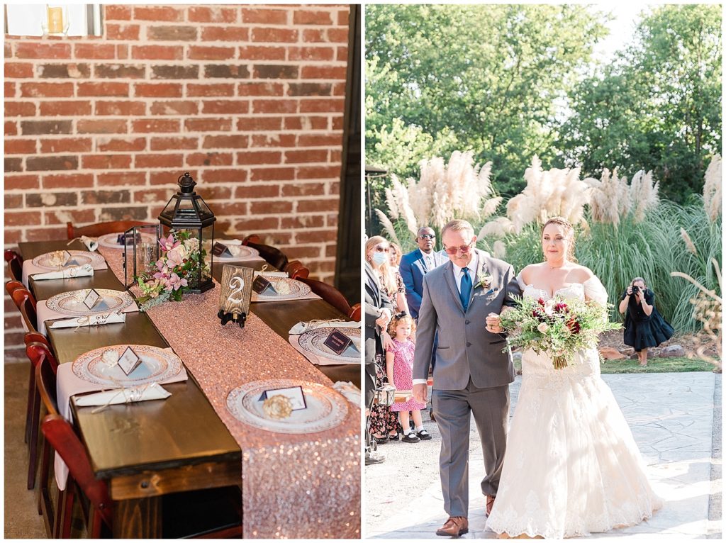 bride walking down the aisle with father rose gold accent reception table
