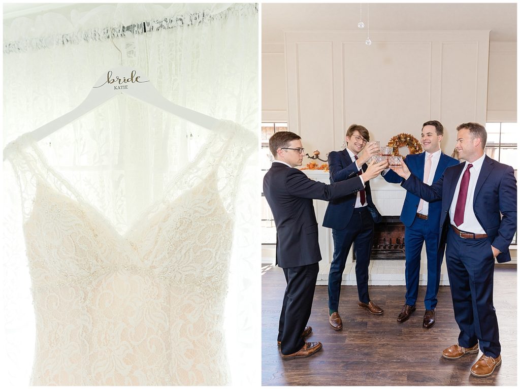 white lace bridal gown on bride hanger groomsmen drinking whiskey cheers