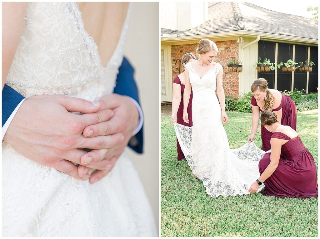 bridesmaids in burgundy dresses helping bride in lace dress get ready