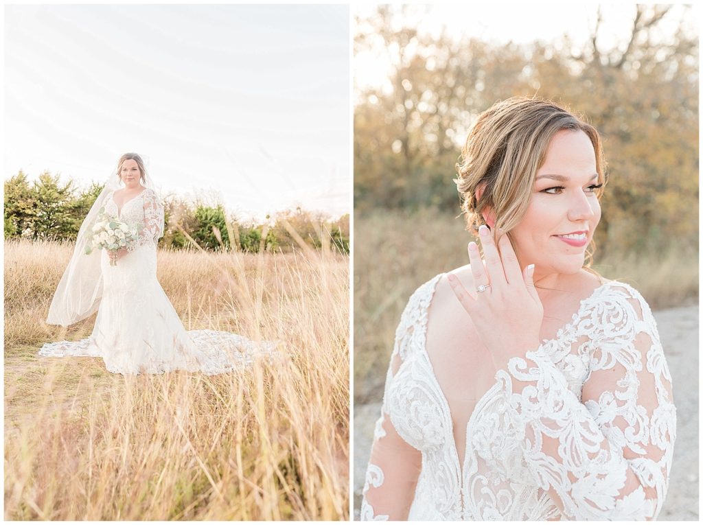 bride in lace dress and cathedral length veil at clear creek nature preserve in denton texas