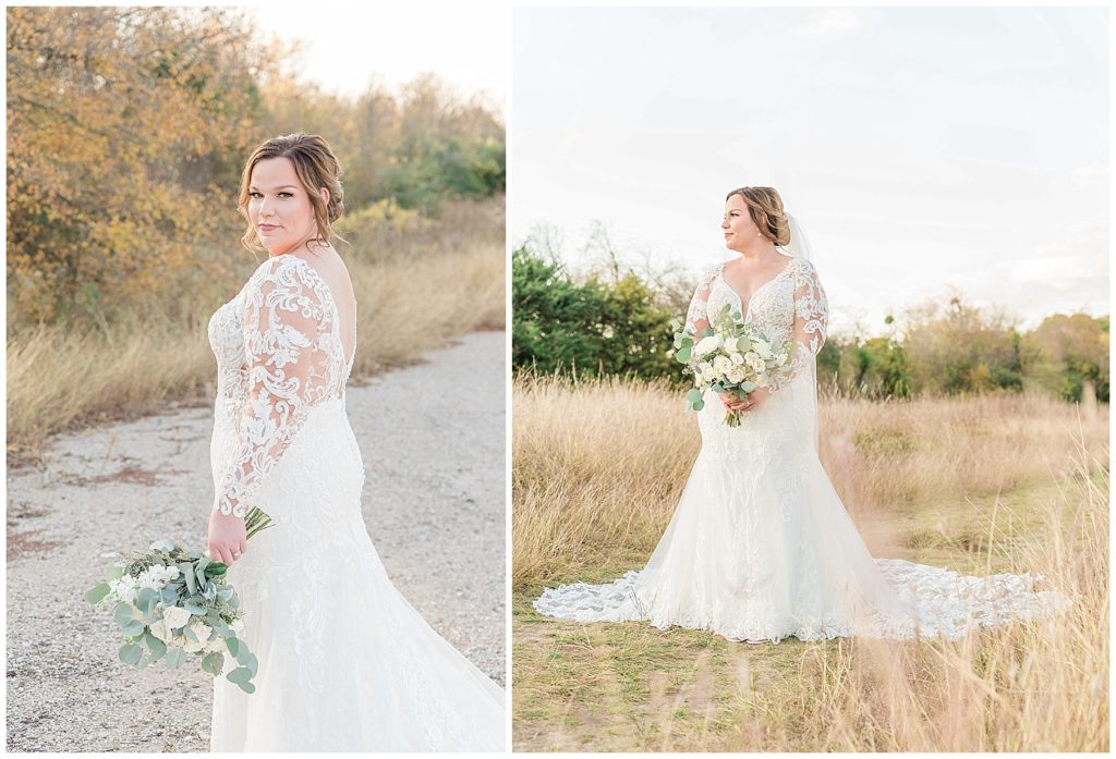 bride in lace gown with white rose bouquet in field in texas