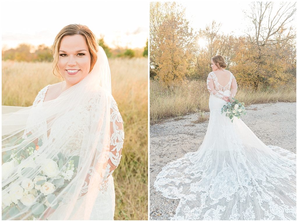 bride in field in dallas texas with veil blowing in the wind