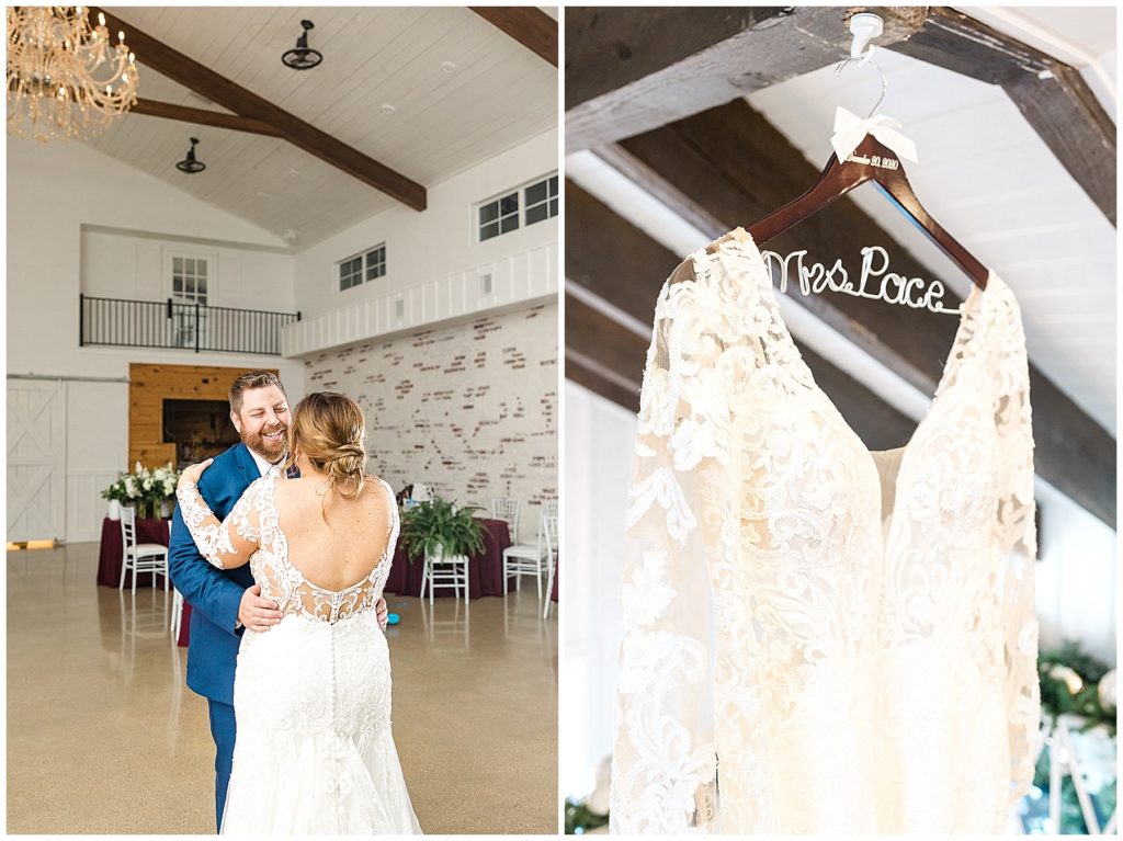 bride and groom private last dance in venue with white brick and exposed wood beams custom bridal hanger