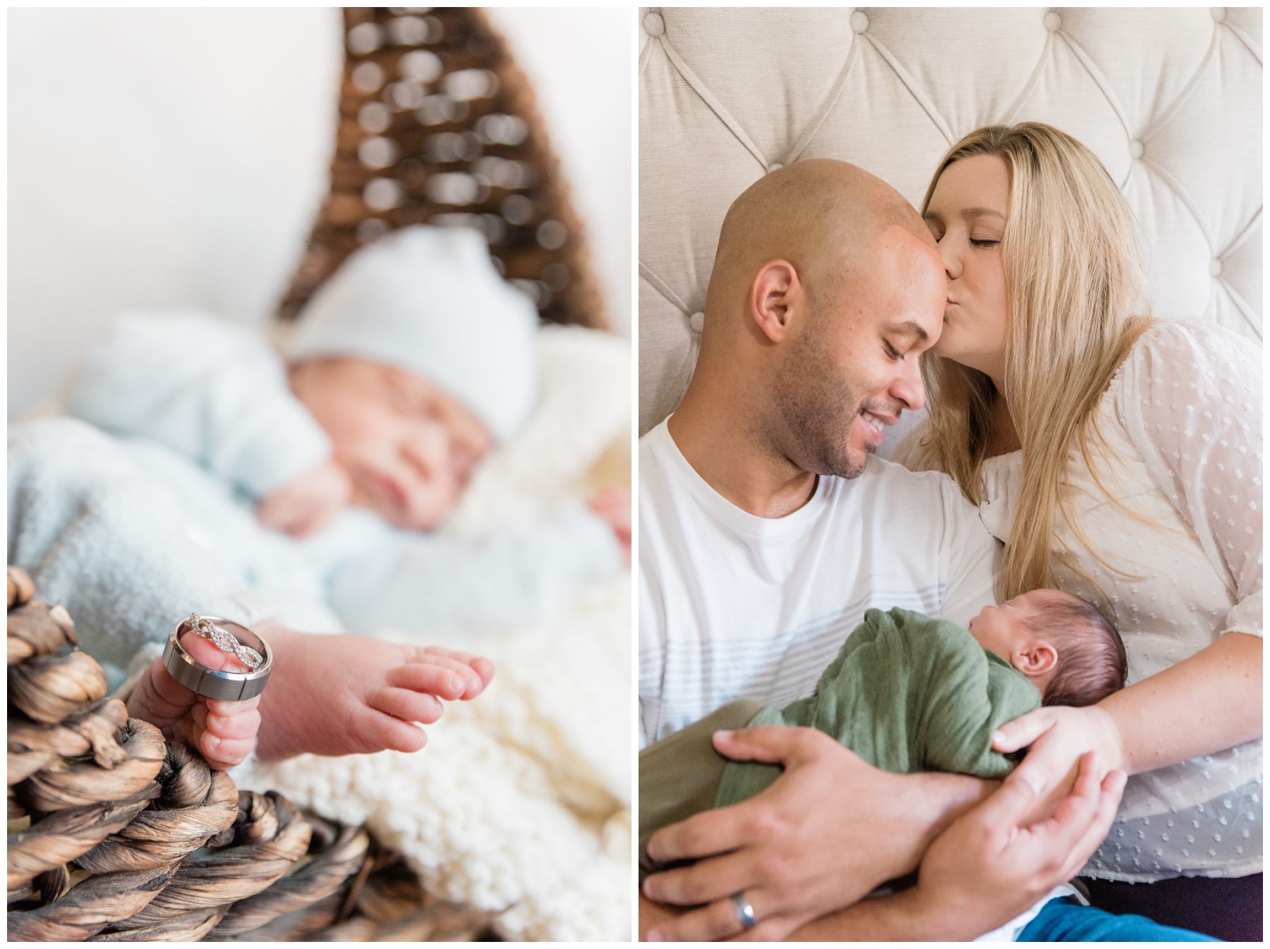 mom kisses dad holding new baby boy during Frisco lifestyle newborn session