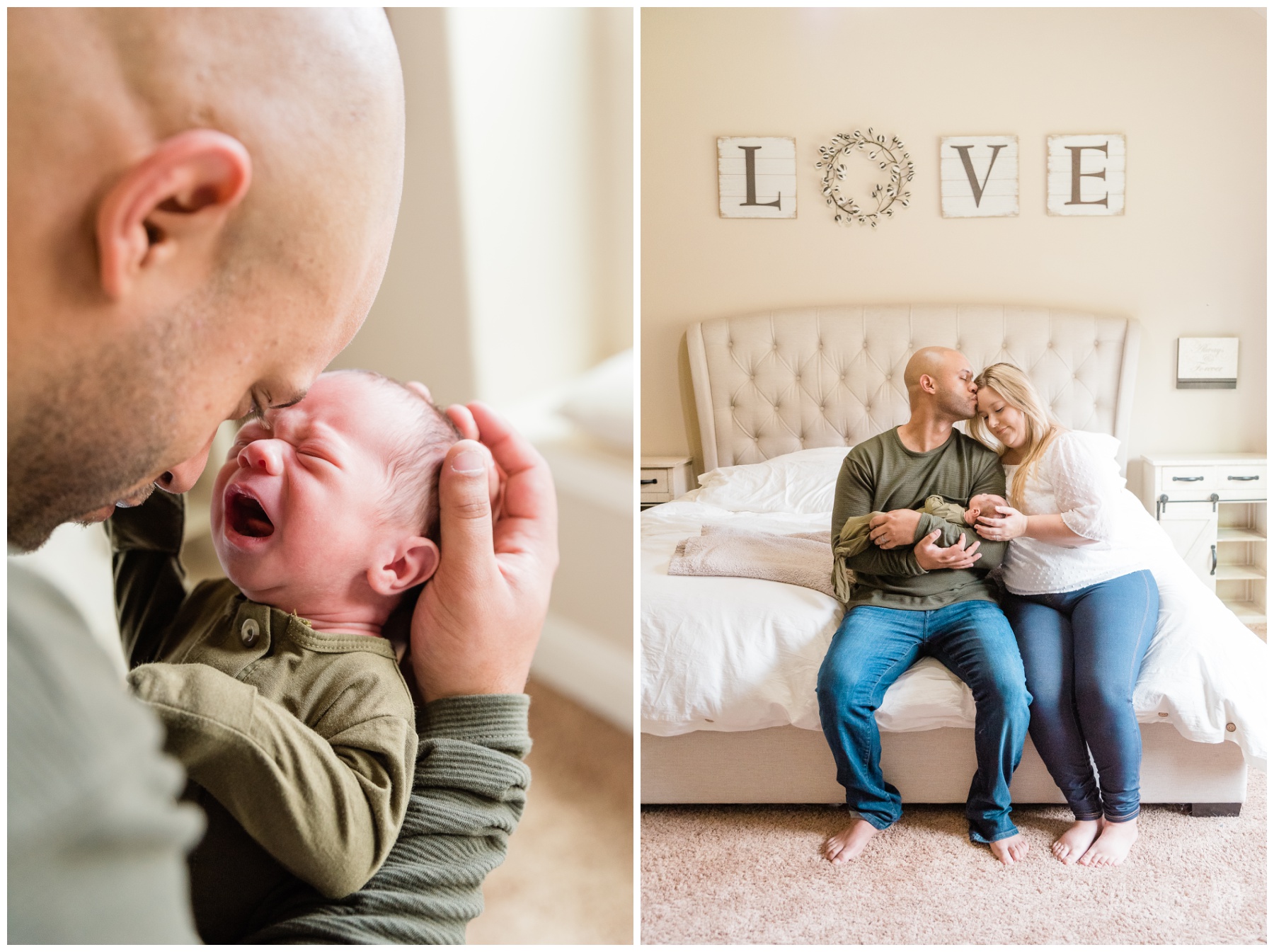 parents snuggle with son on bed during newborn photos at home