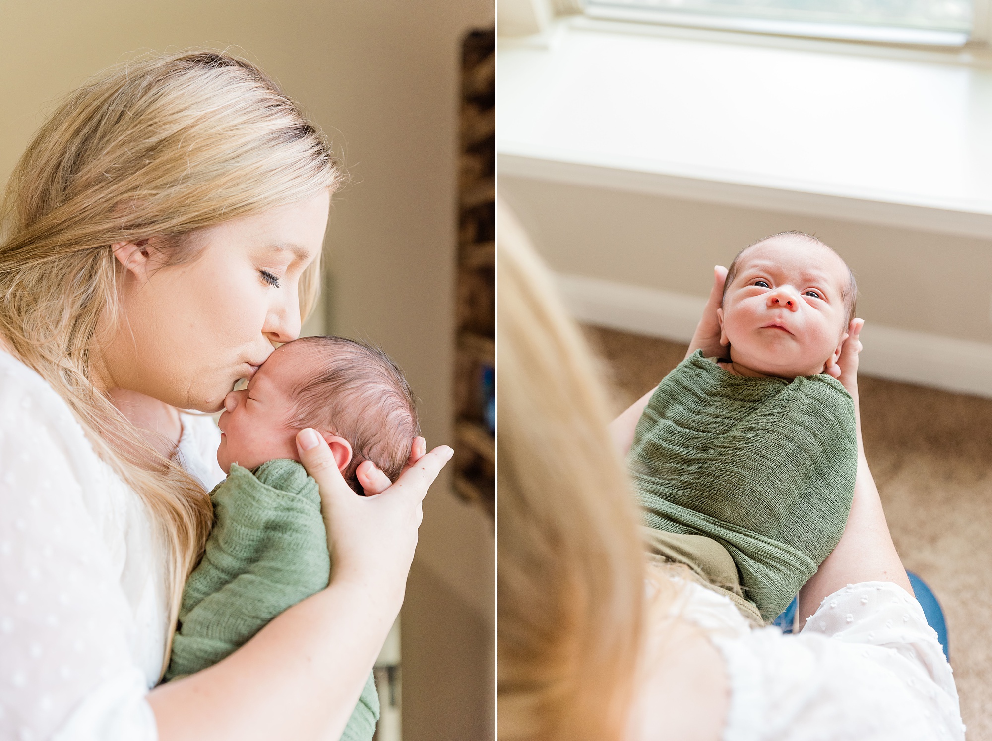 mom kisses son during Frisco lifestyle newborn session in master bedroom