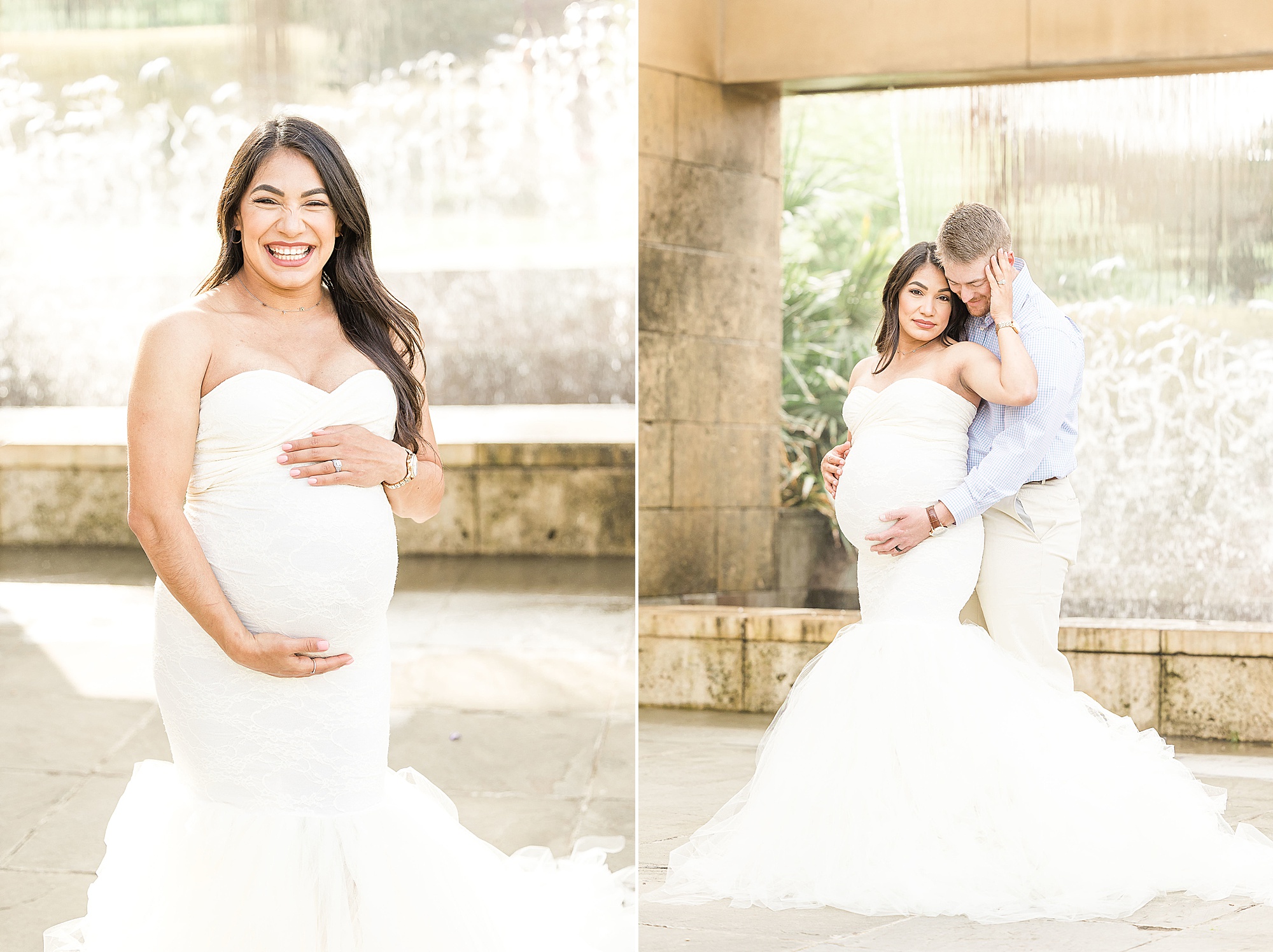 mom stands with husband during maternity photos