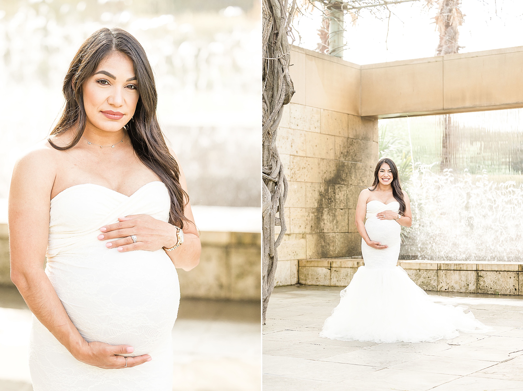 expecting mom in white gown poses in Dallas Arboretum