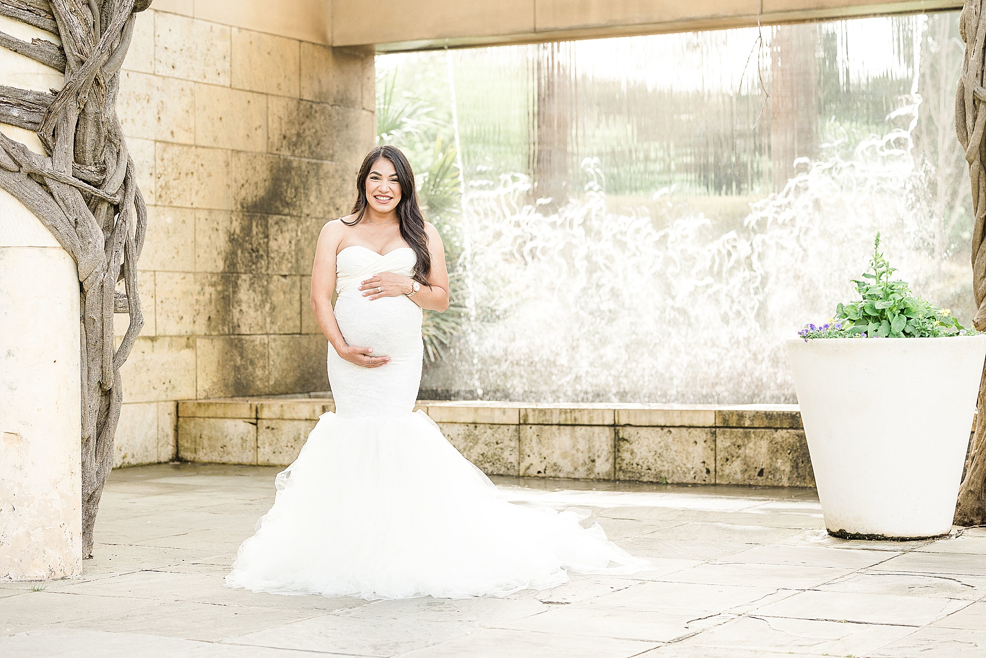 woman in tight white gown holds belly during Dallas Arboretum maternity photos