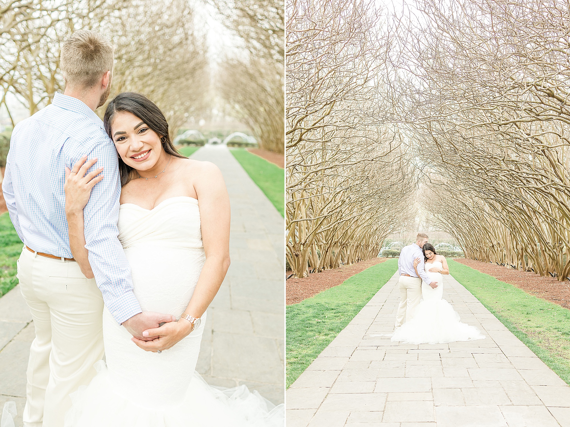 husband and wife pose on walkway during maternity photos
