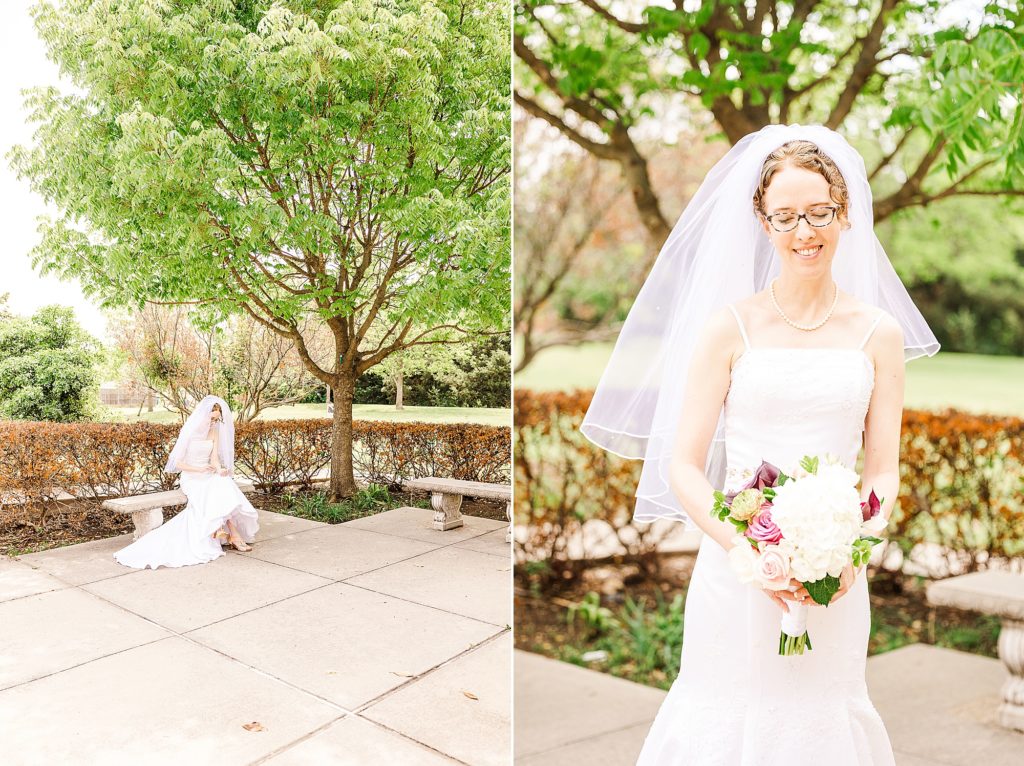 bride poses in the gardens of Church of Holy Communion