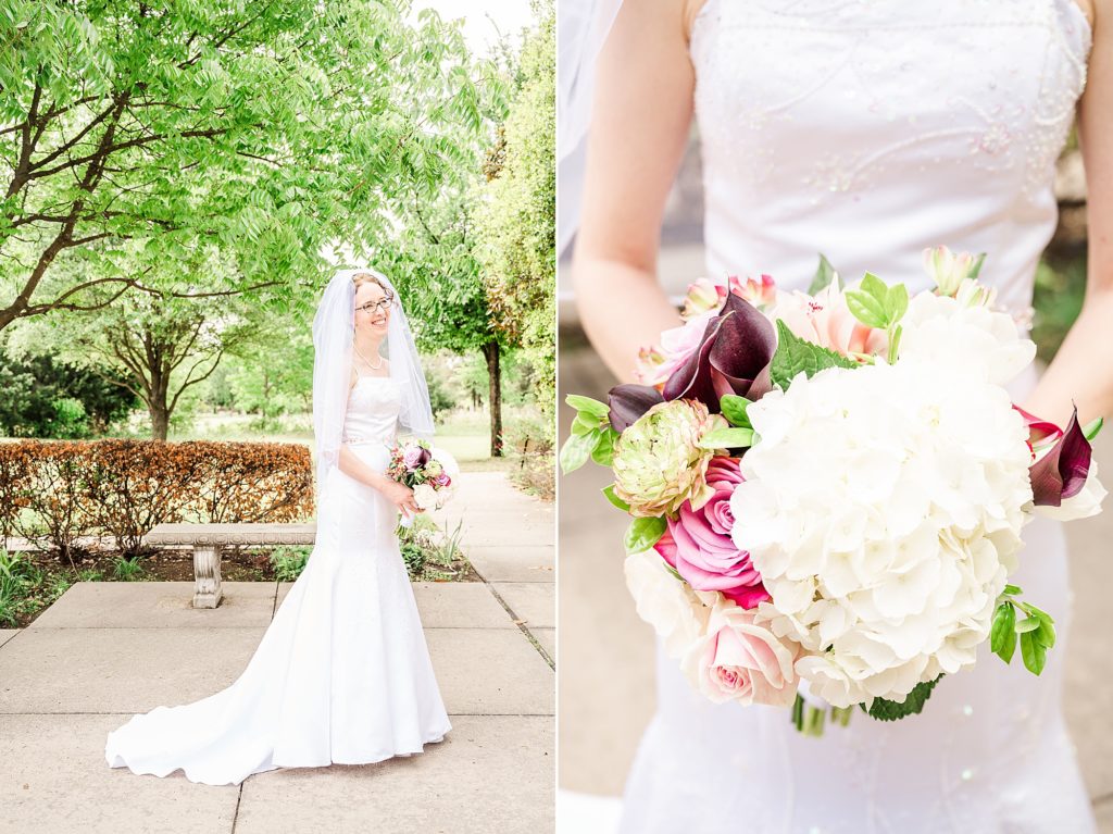 bride holds bouquet of colorful flowers 