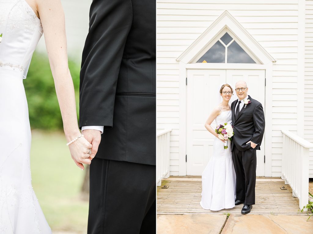couple holds hands outside white church on Dallas TX wedding day