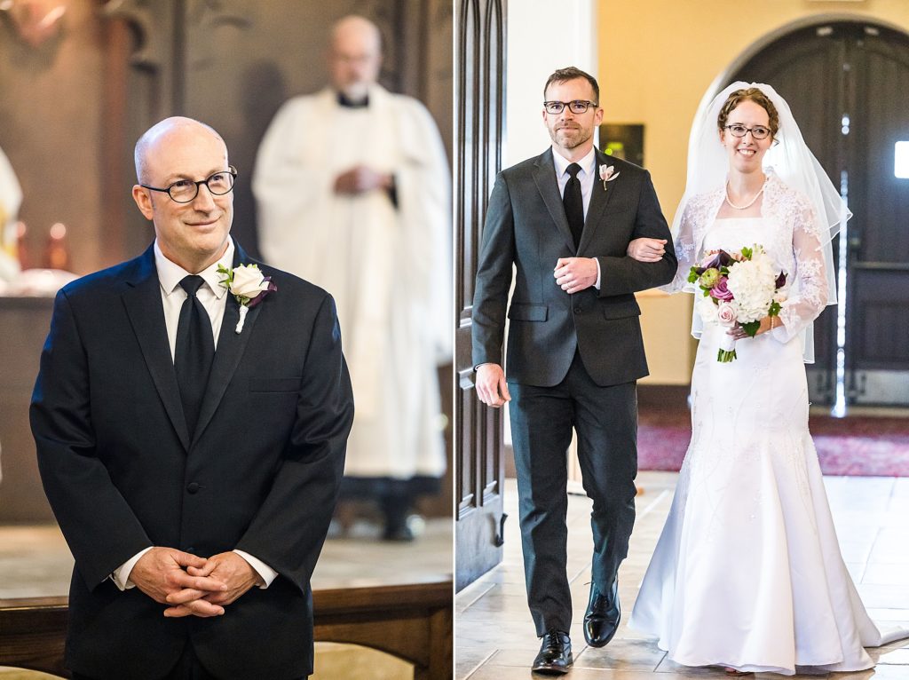 groom watches bride walk down aisle for traditional Church of Holy Communion wedding ceremony