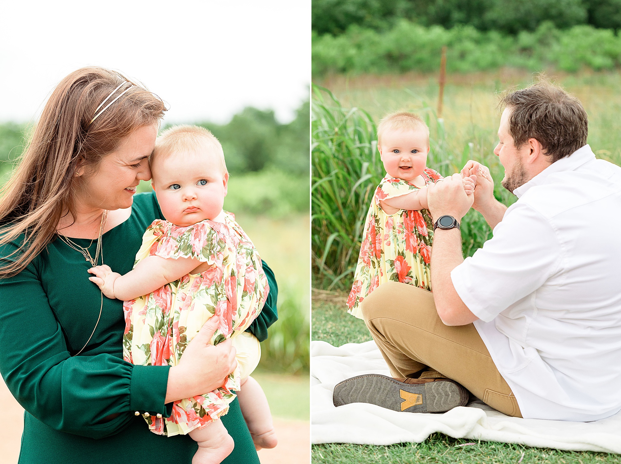 parents play with little girl during family photos in Texas