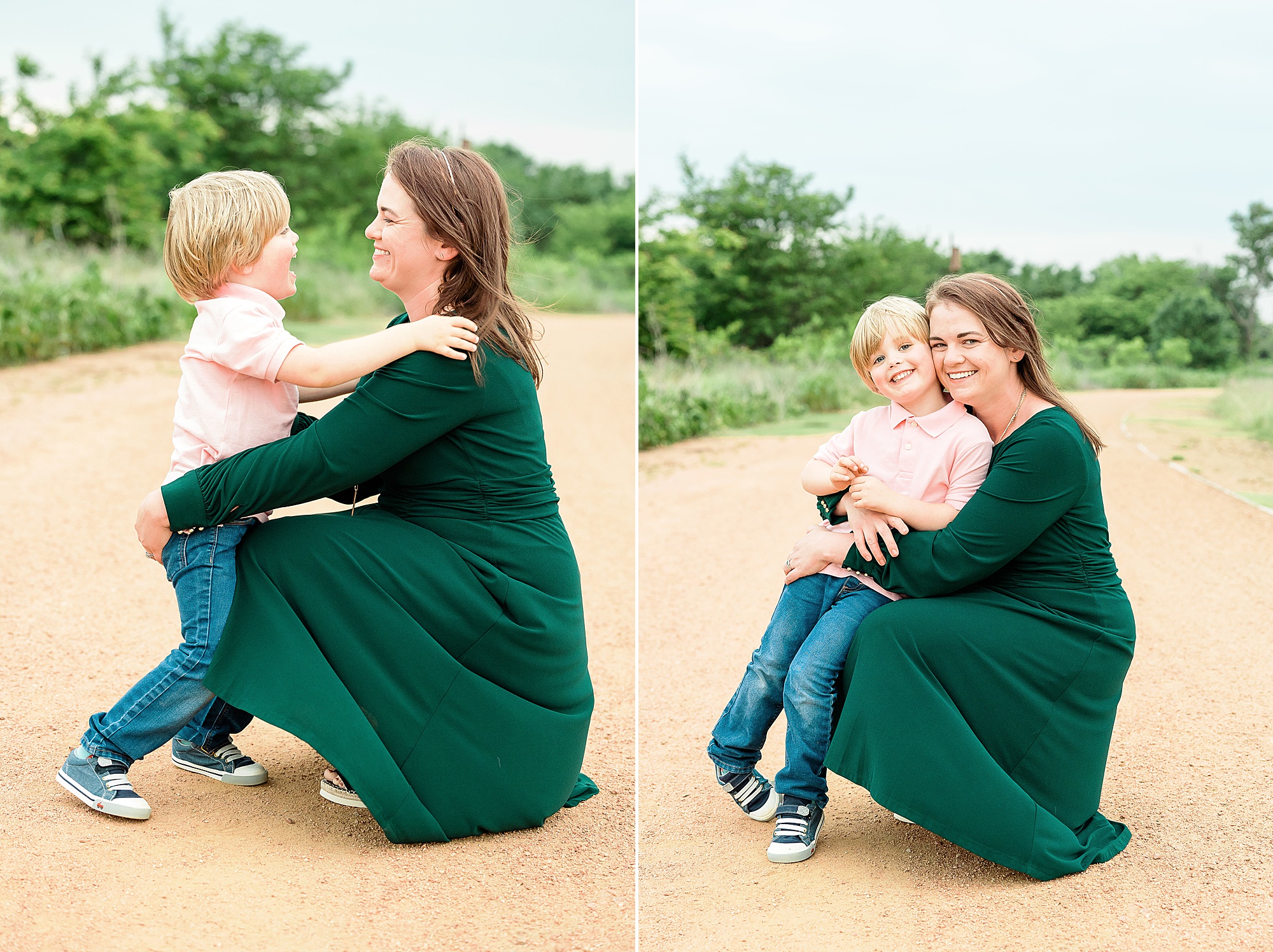 mom in green dress hugs son during family photos