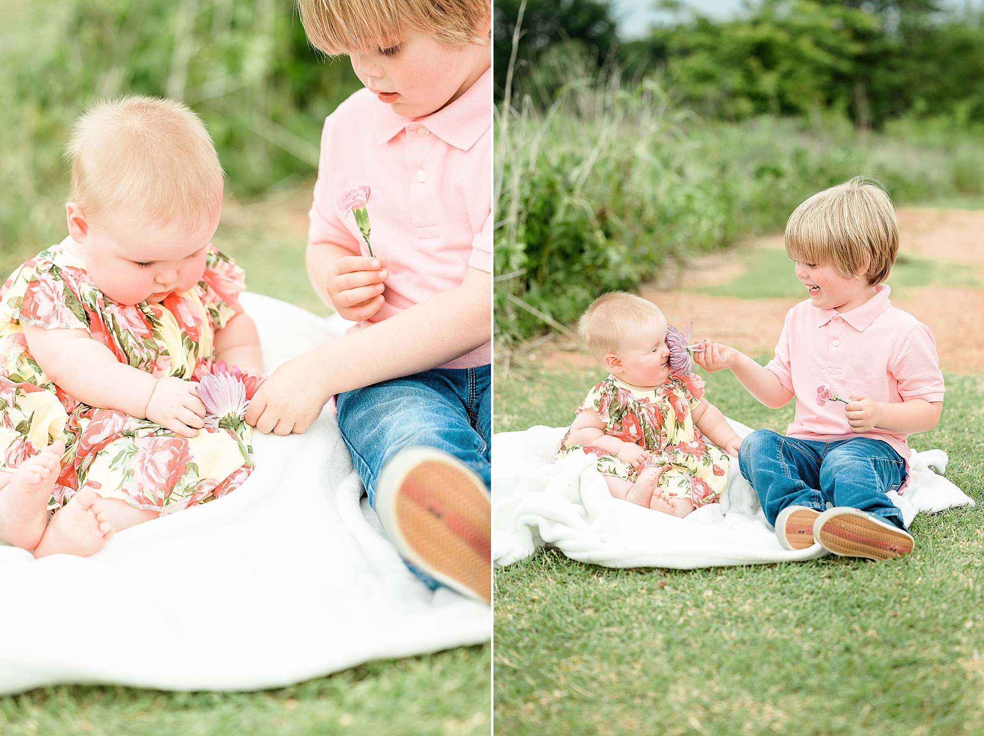 toddlers play together during family photos in Texas