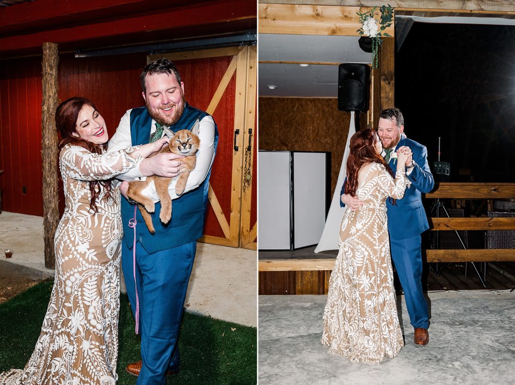newlyweds pet bobcat during Texas wedding reception