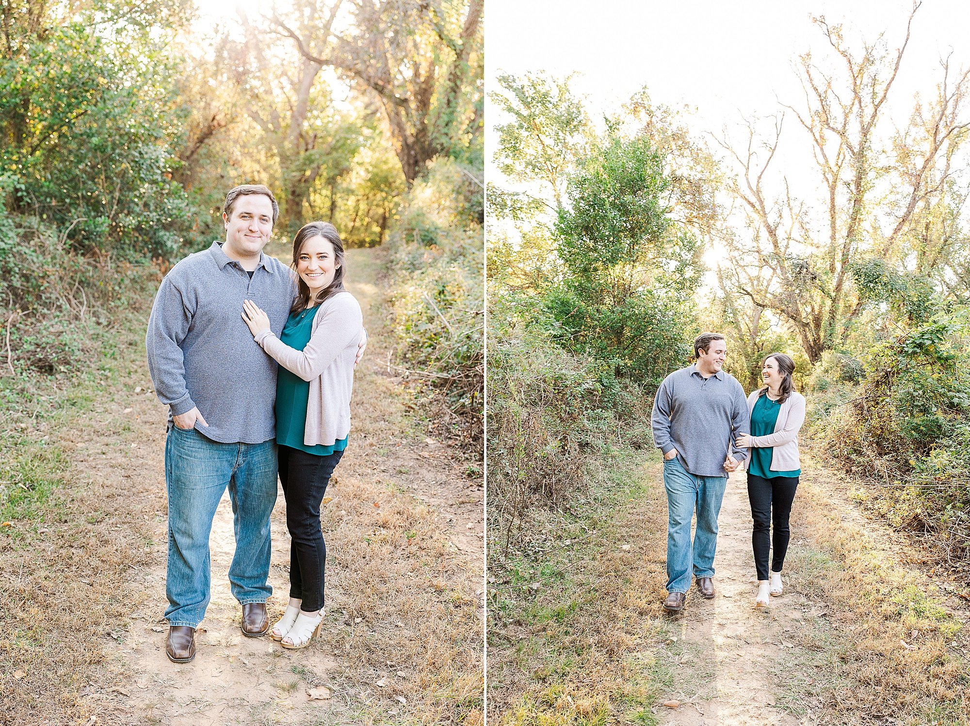 fall Shreveport engagement session for couple walking down path