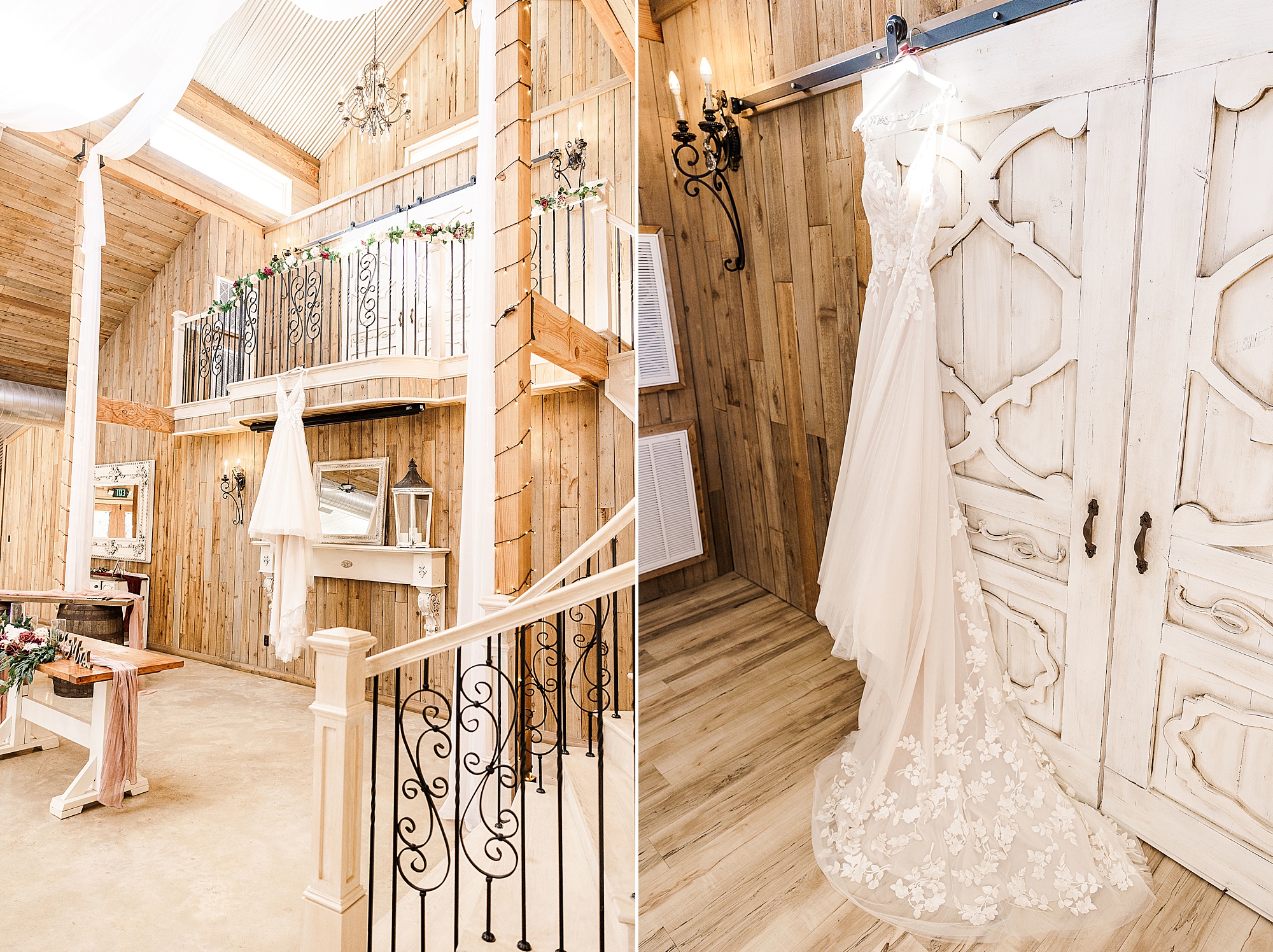 wedding dress hangs from wooden balcony