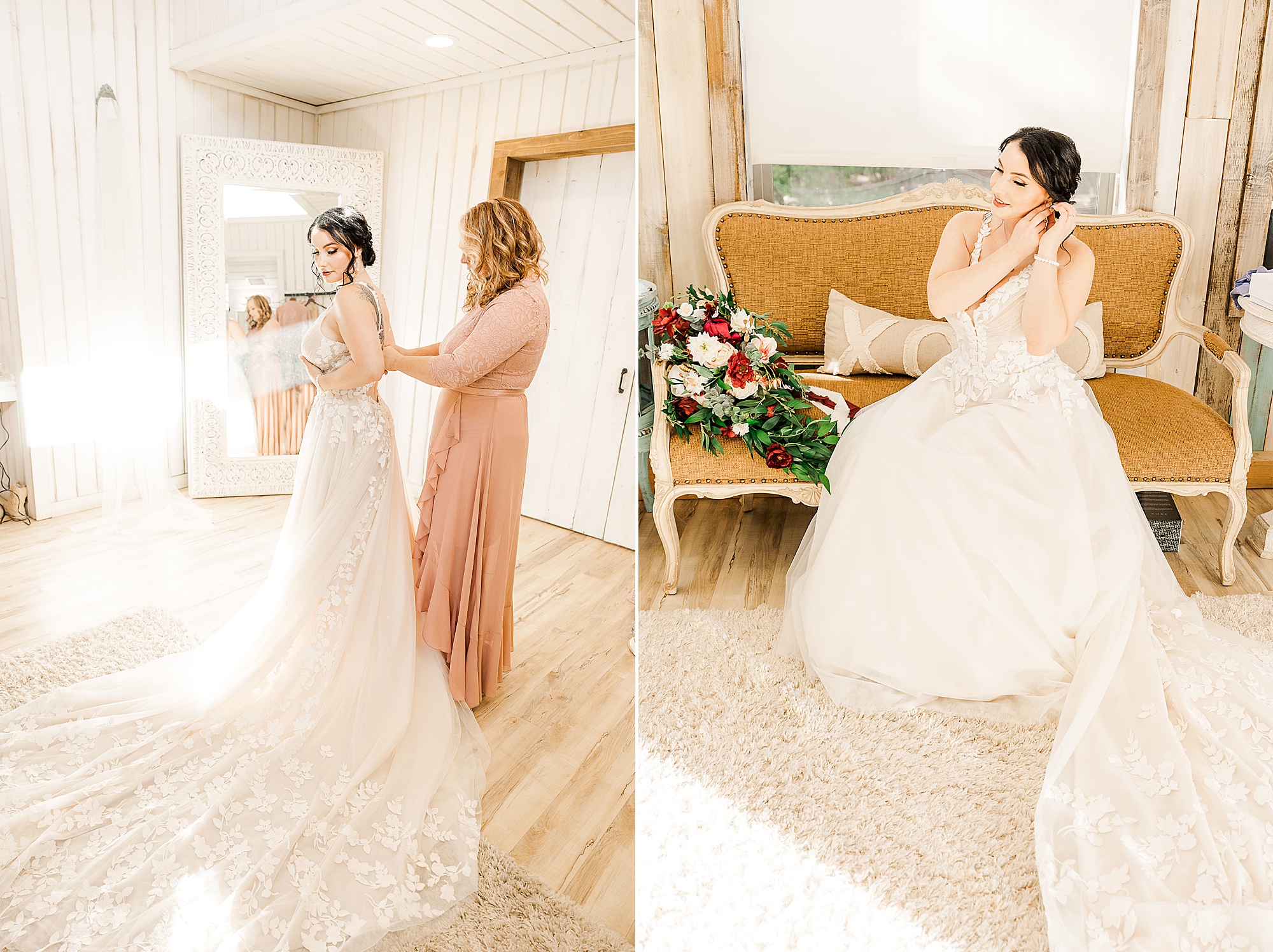 mom helps bride prepare for Whispering Oaks wedding day