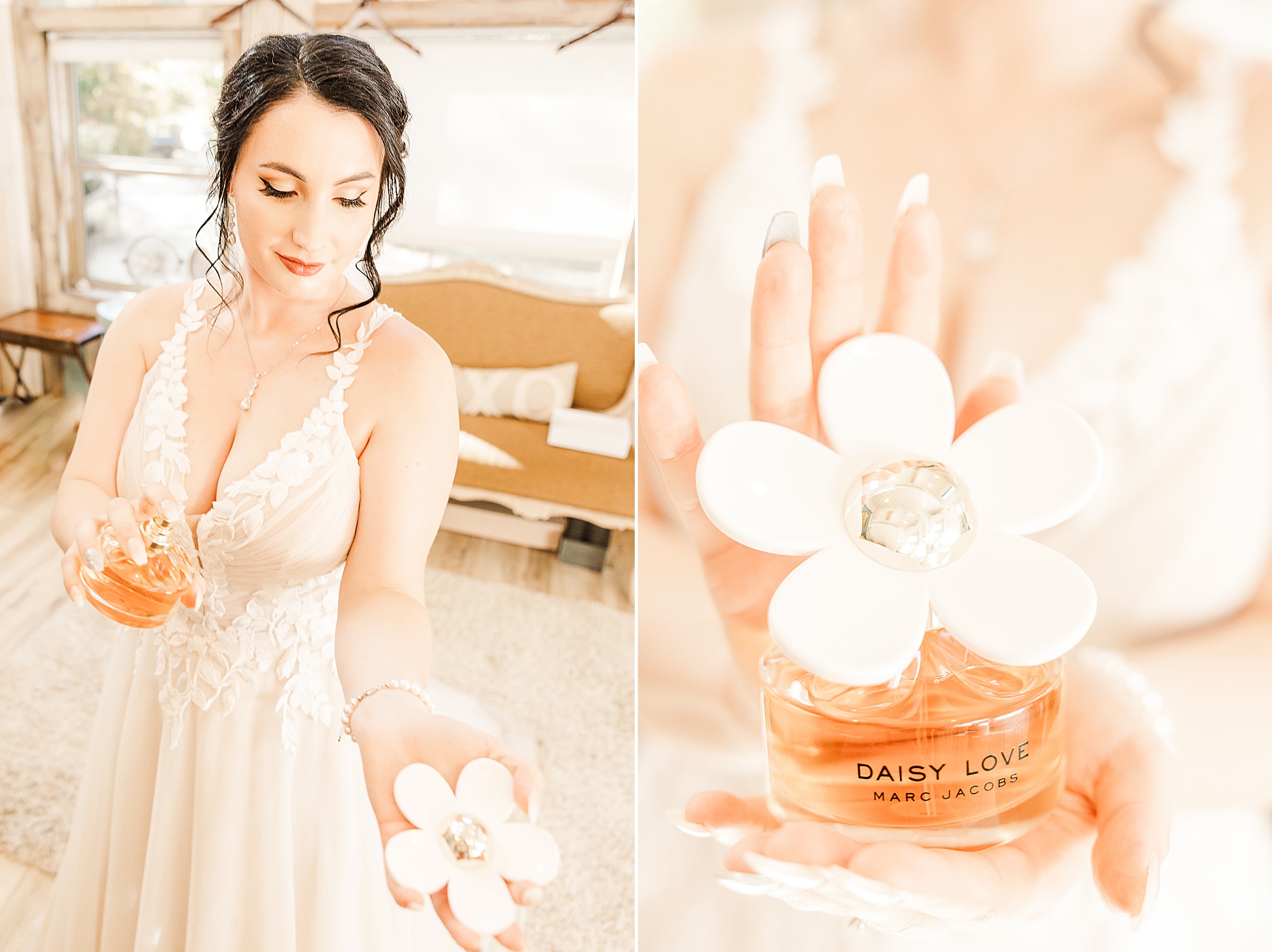 bride puts on perfume before Whispering Oaks wedding