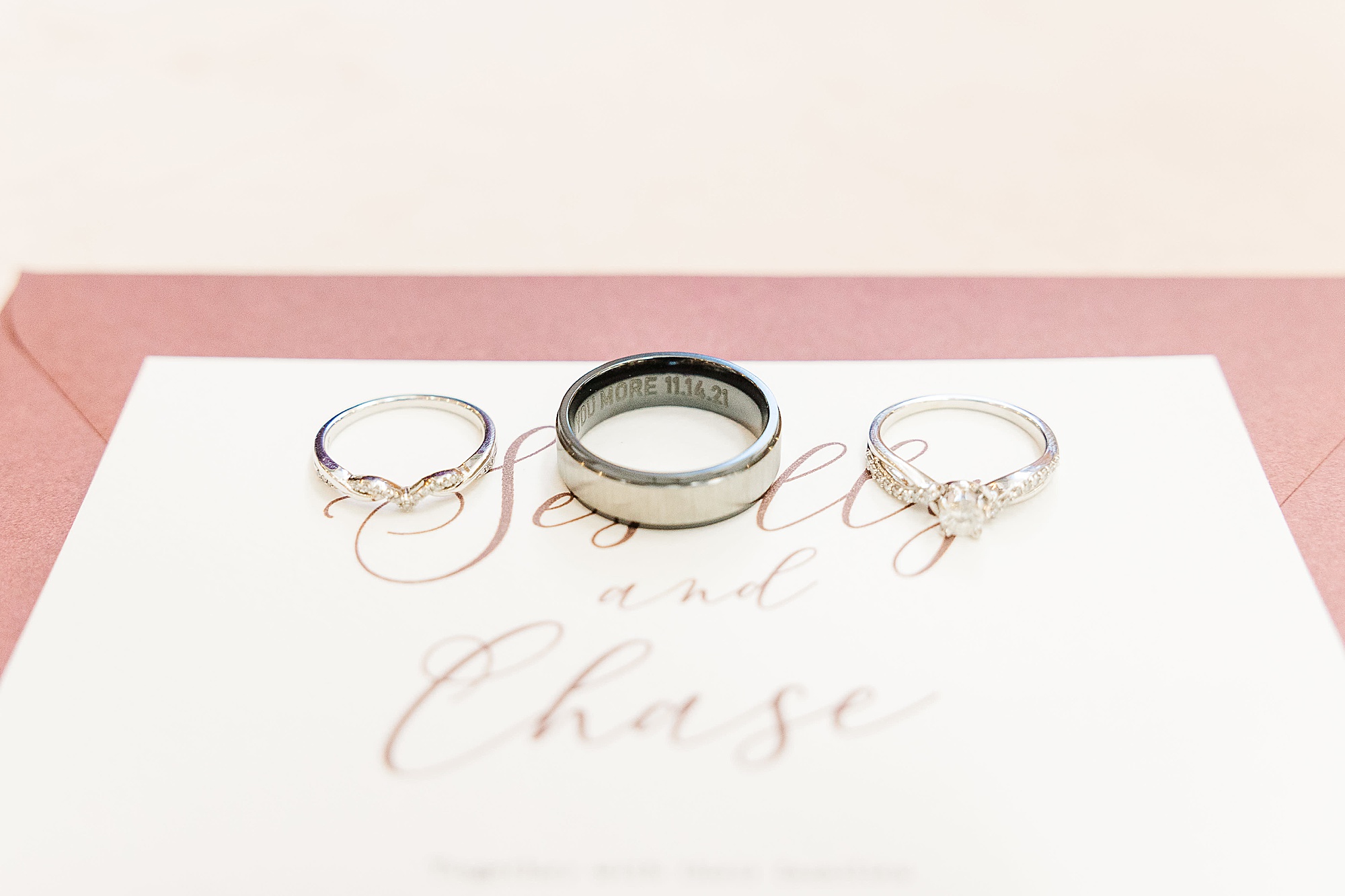 wedding bands rest on invitations