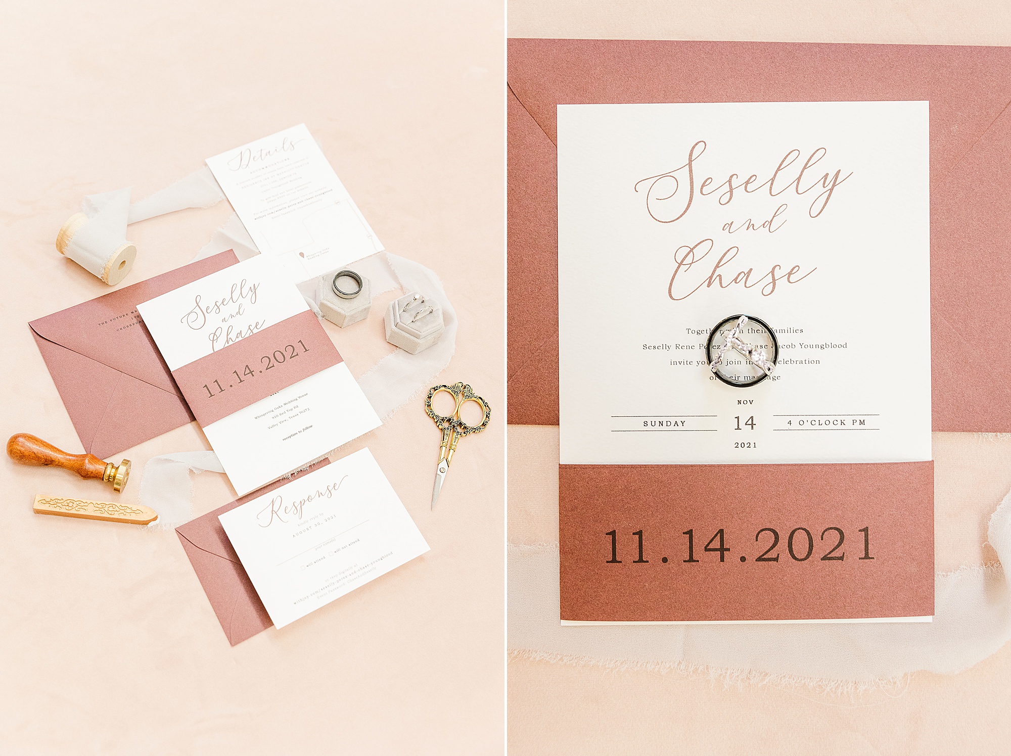 pink and white invitation suite for Whispering Oaks wedding