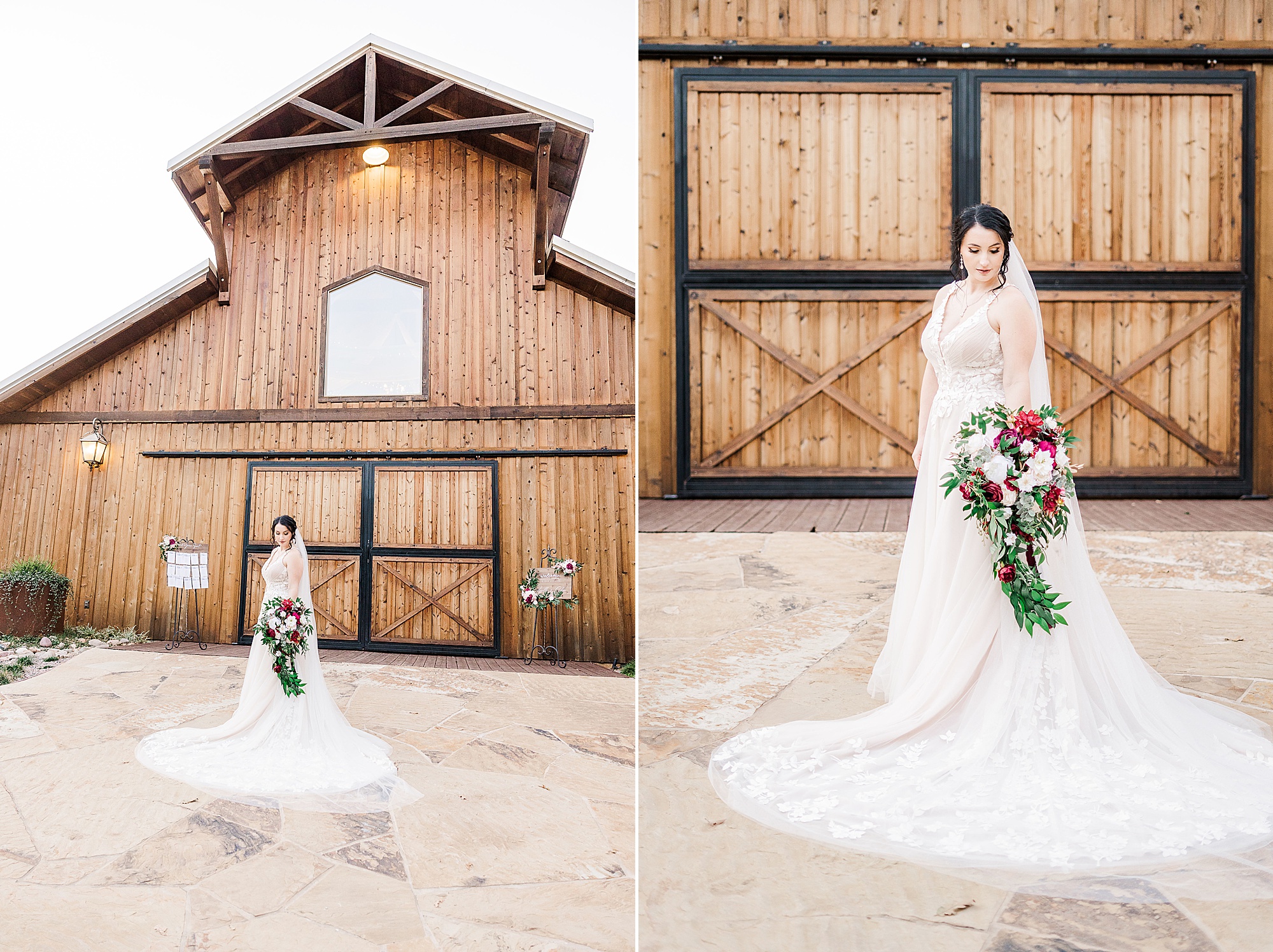 bride poses by wooden doors at Whispering Oaks