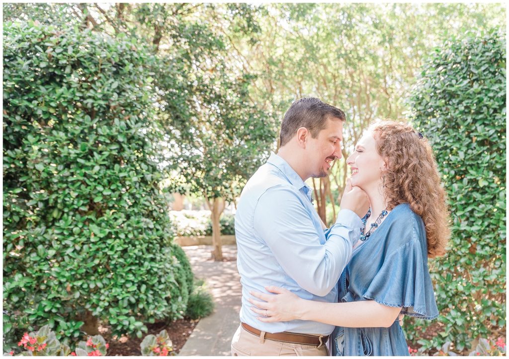 engaged couple at dallas arboretum with denim dress
