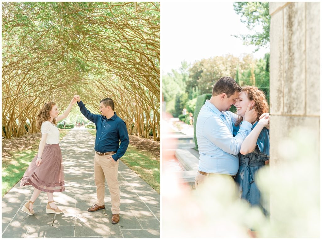 engaged couple at dallas arboretum in crepe myrtle allee and a woman's garden