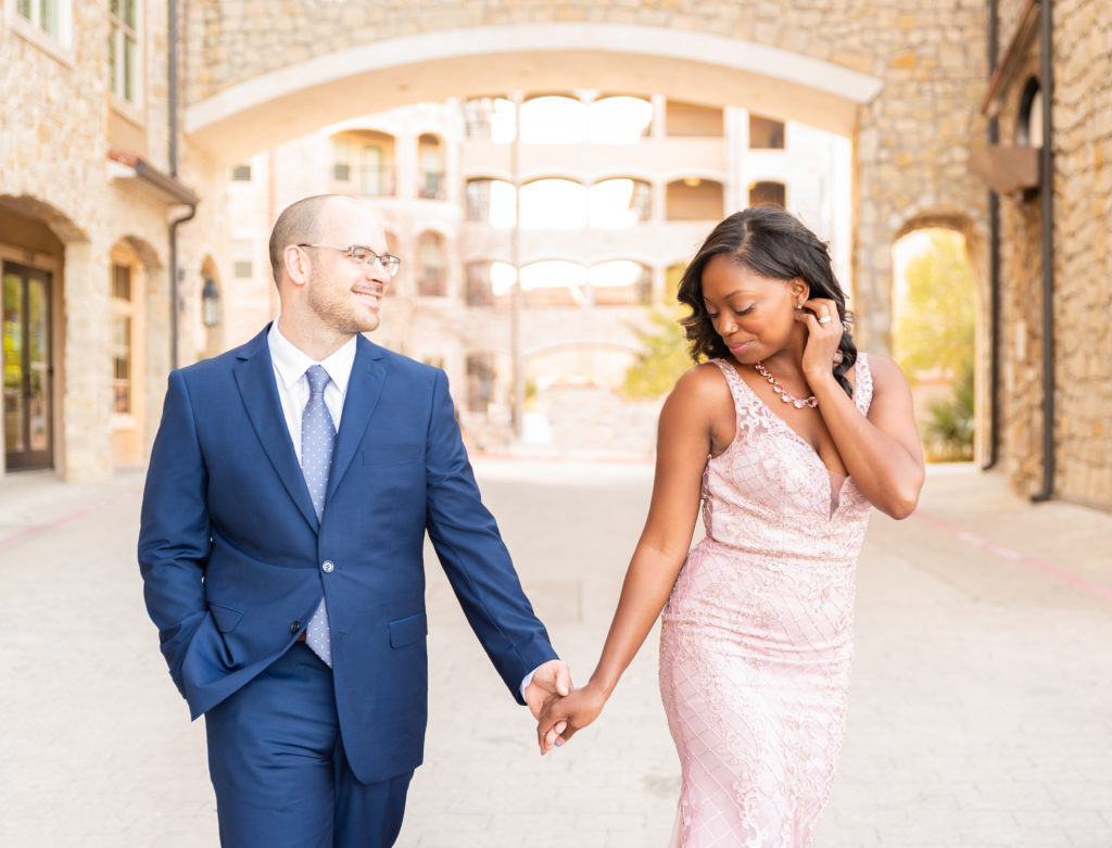 anniversary session engagement session at adriatica village mckinney texas navy suit blush beaded dress