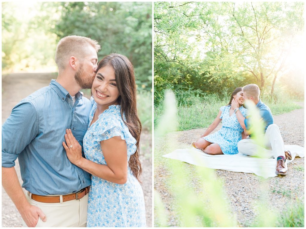 engaged couple at clear creek natural heritage center in denton texas grassy field and trail engagement session