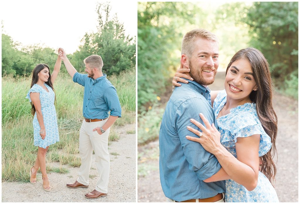 anniversary session engagement session at clear creek natural heritage center denton texas grassy field dirt trail spin picture